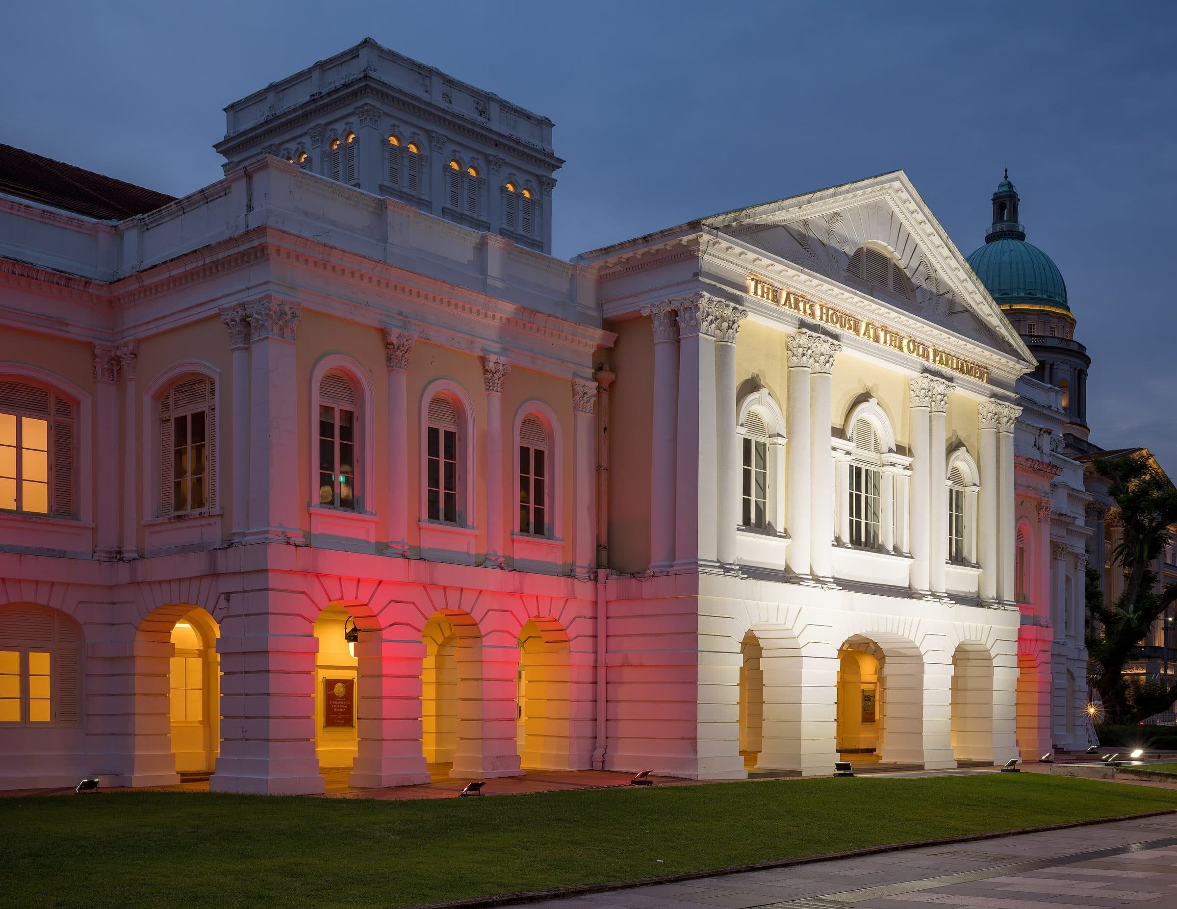 The Arts House at the Old Parliament in Singapore's civic district, lit at blue hour