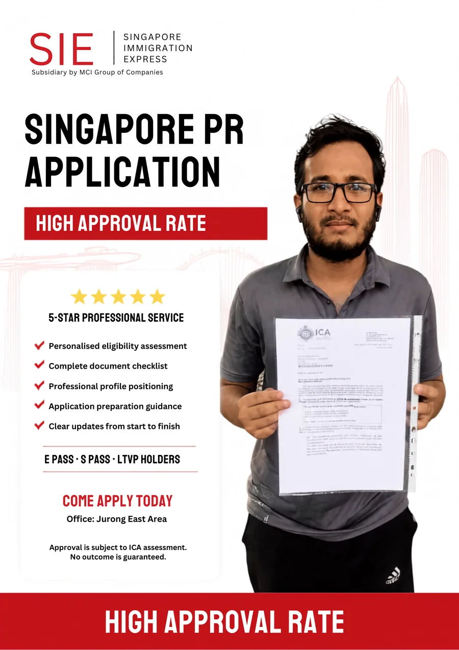 Immigration Express advertisement showing a client holding the ICA letter approving their Permanent Residence application