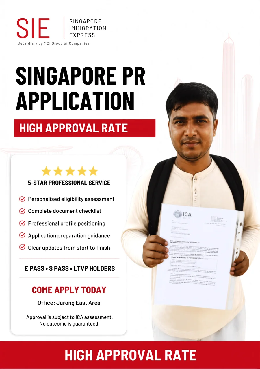 Immigration Express advertisement showing a client holding the ICA letter approving their Permanent Residence application