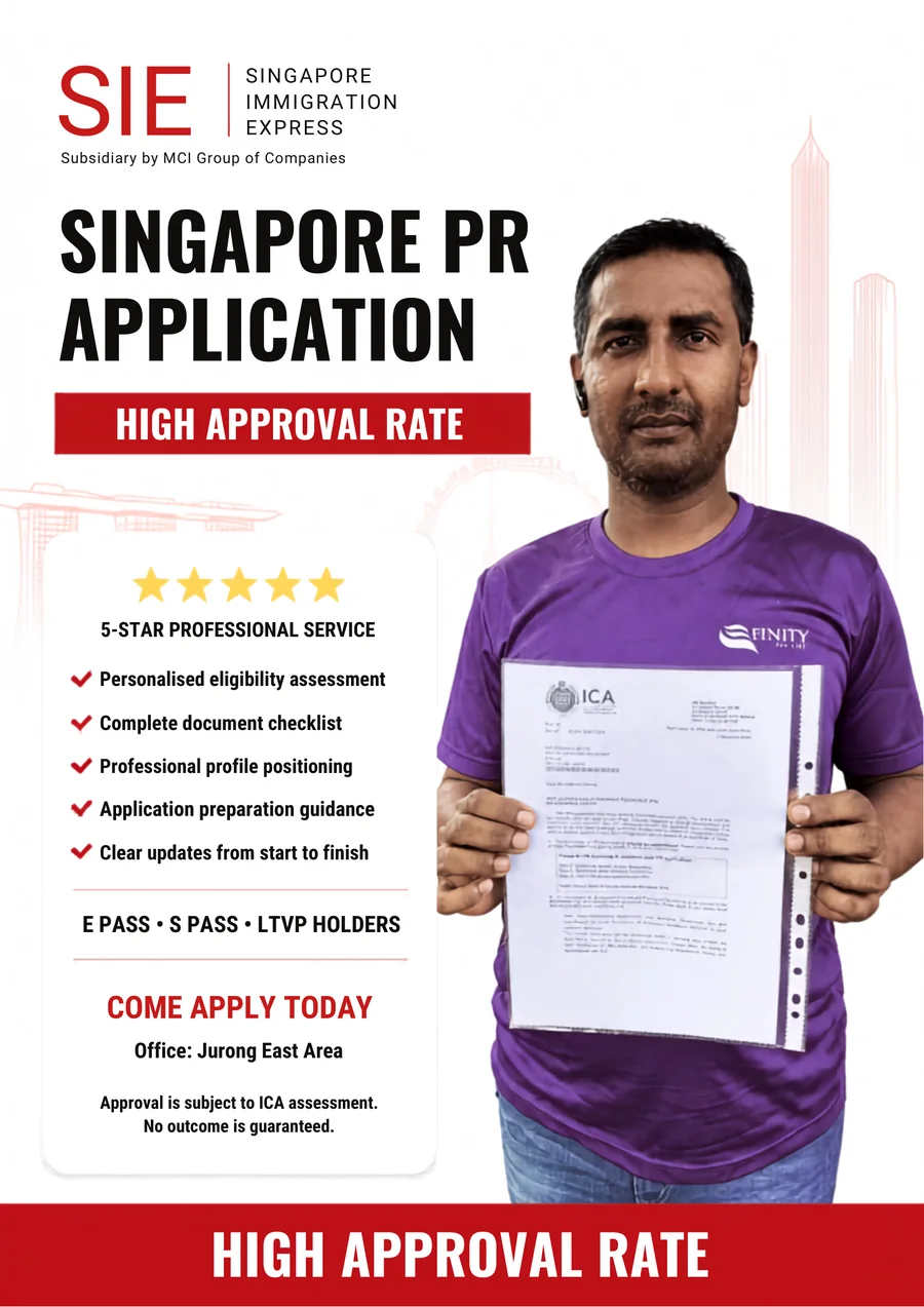 Immigration Express advertisement showing a client holding the ICA letter approving their Permanent Residence application