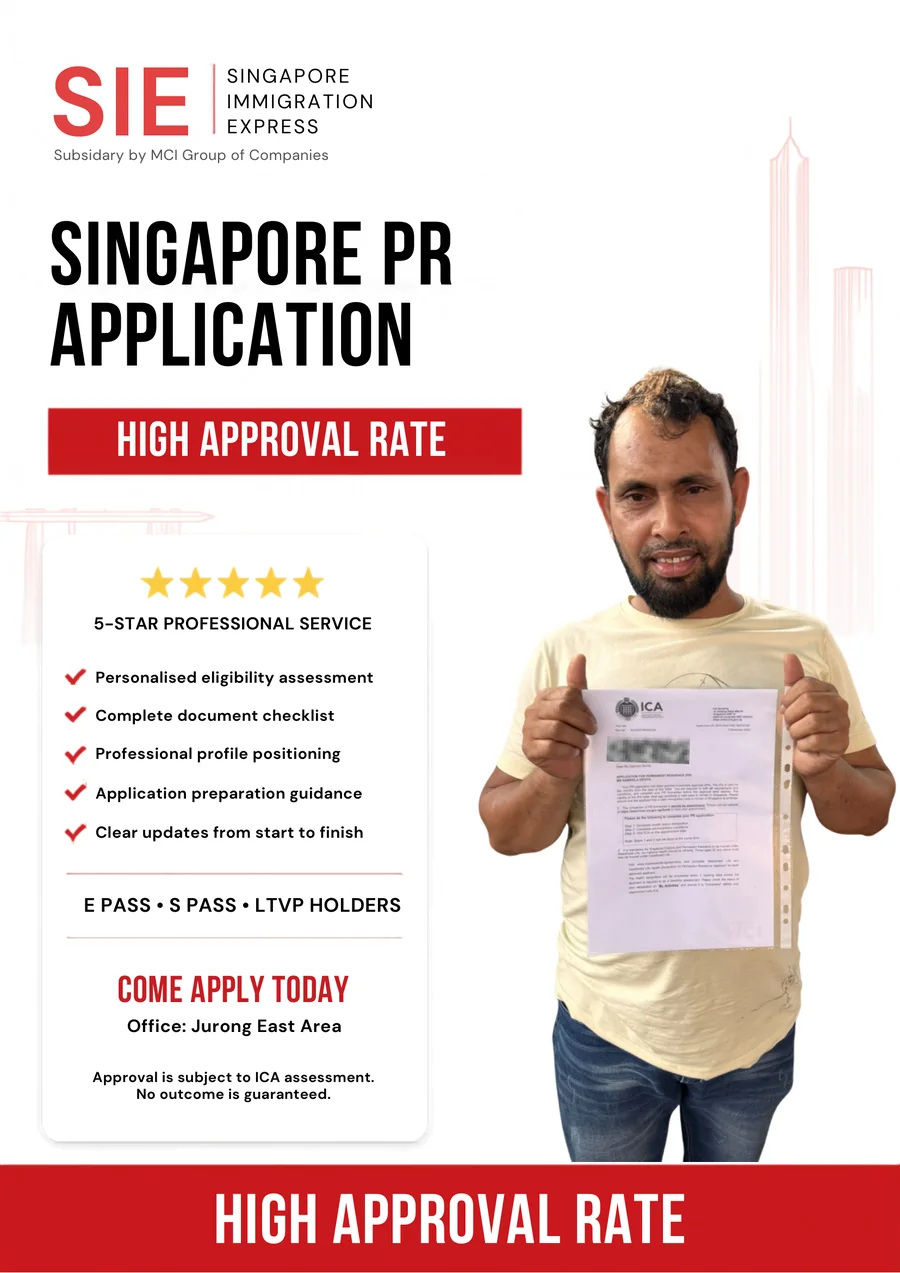 Immigration Express advertisement showing a client holding the ICA letter approving their Permanent Residence application