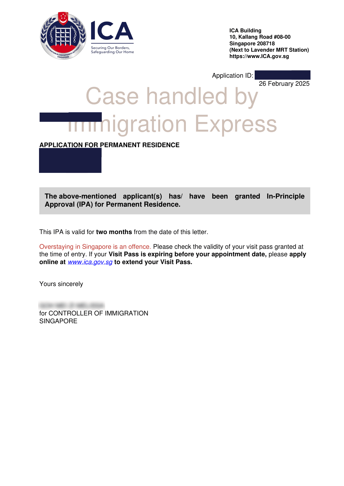 ICA letter dated 26 February 2025 granting in-principle approval of a Permanent Residence application covering three applicants