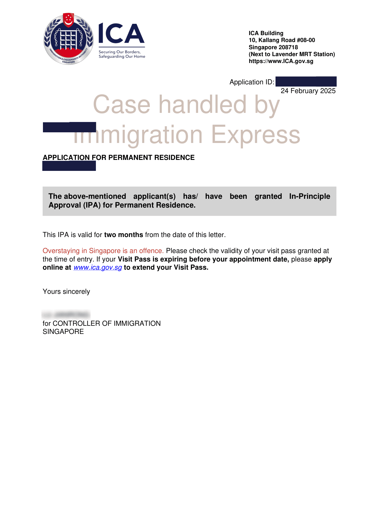 ICA letter dated 24 February 2025 granting in-principle approval of a Permanent Residence application