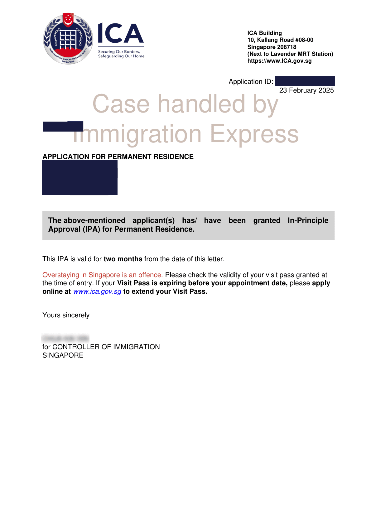 ICA letter dated 23 February 2025 granting in-principle approval of a Permanent Residence application for a family of four