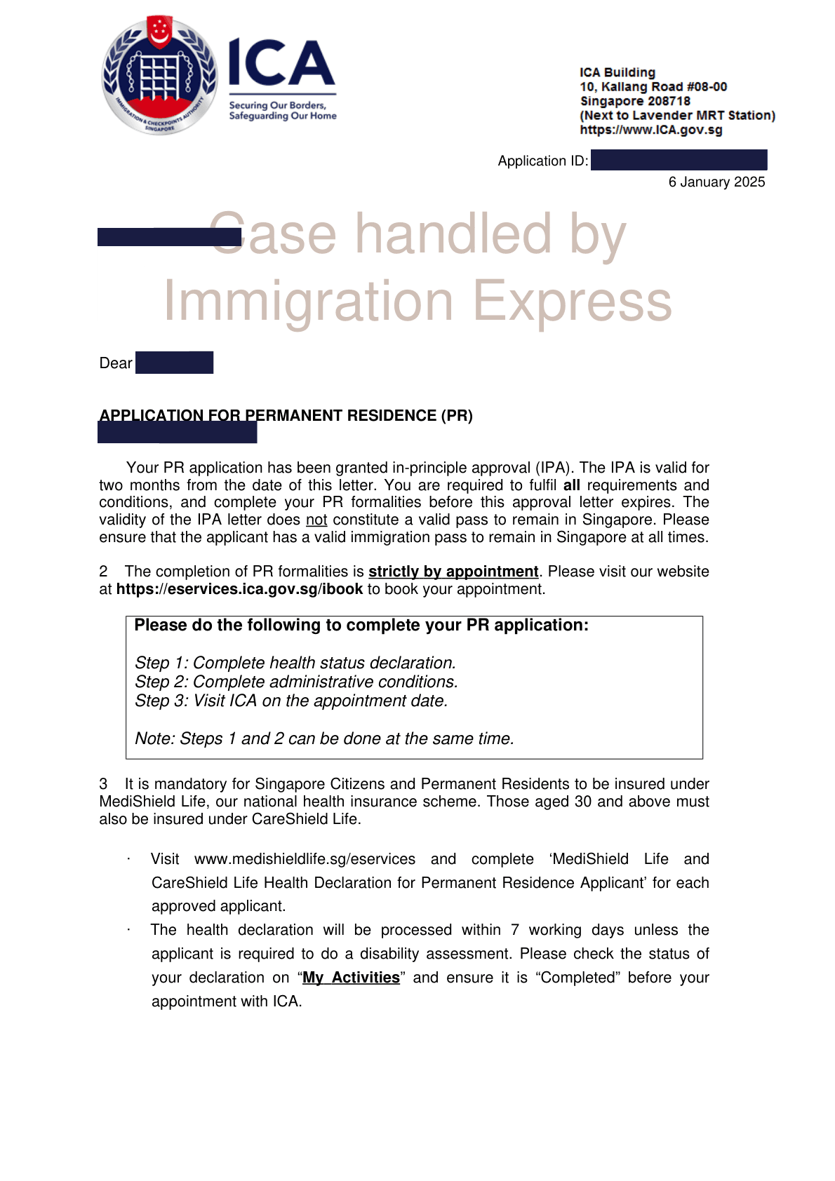 ICA letter dated 6 January 2025 granting in-principle approval of a Permanent Residence application, setting out the formalities left to complete