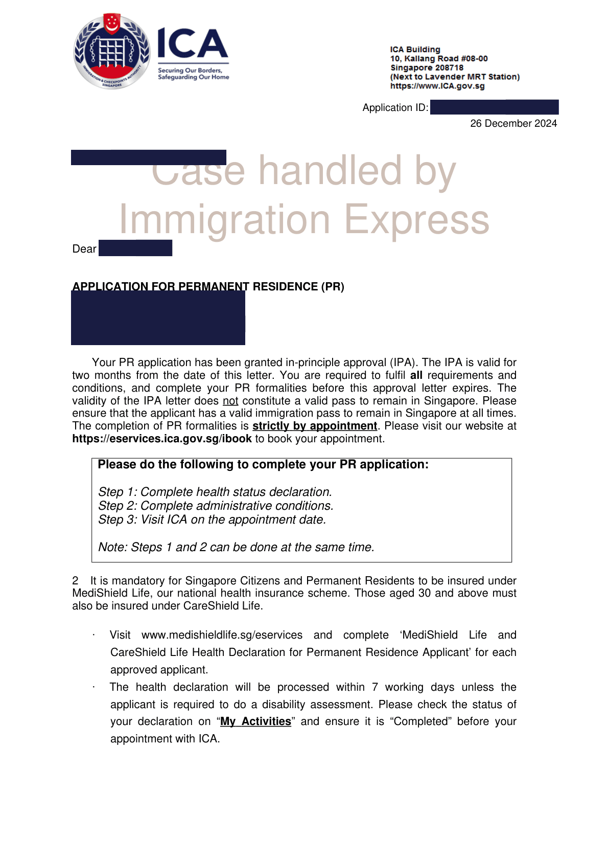 ICA letter dated 26 December 2024 granting in-principle approval of a Permanent Residence application for a family of four, setting out the formalities left to complete