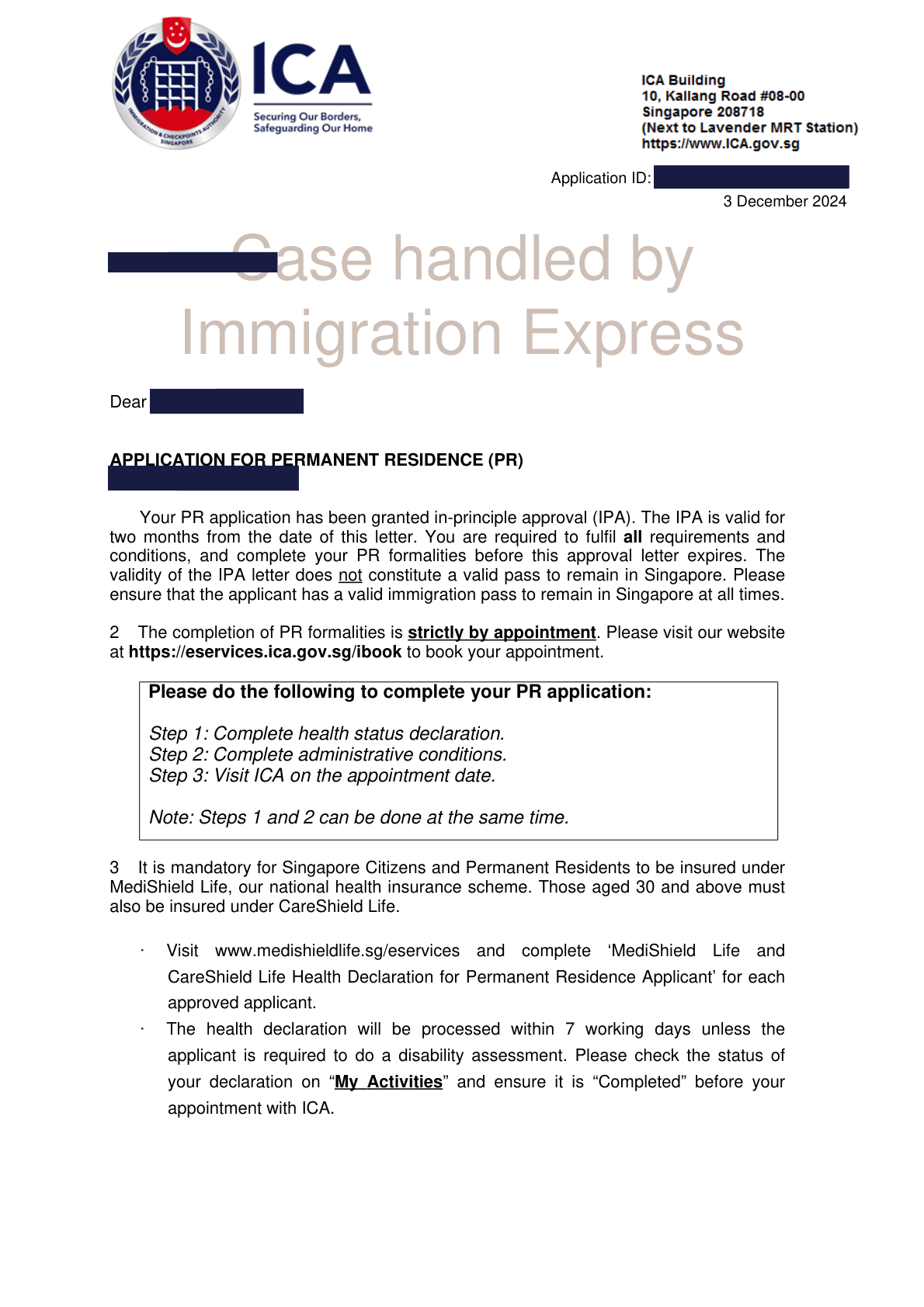 ICA letter dated 3 December 2024 granting in-principle approval of a Permanent Residence application, setting out the formalities left to complete